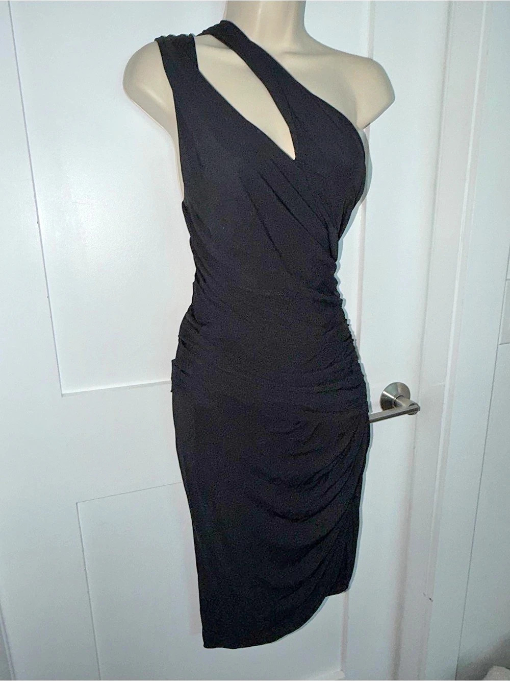 Halston Heritage Ruched Halter Midi Dress in Black Size 8 one shoulder sexy lbd